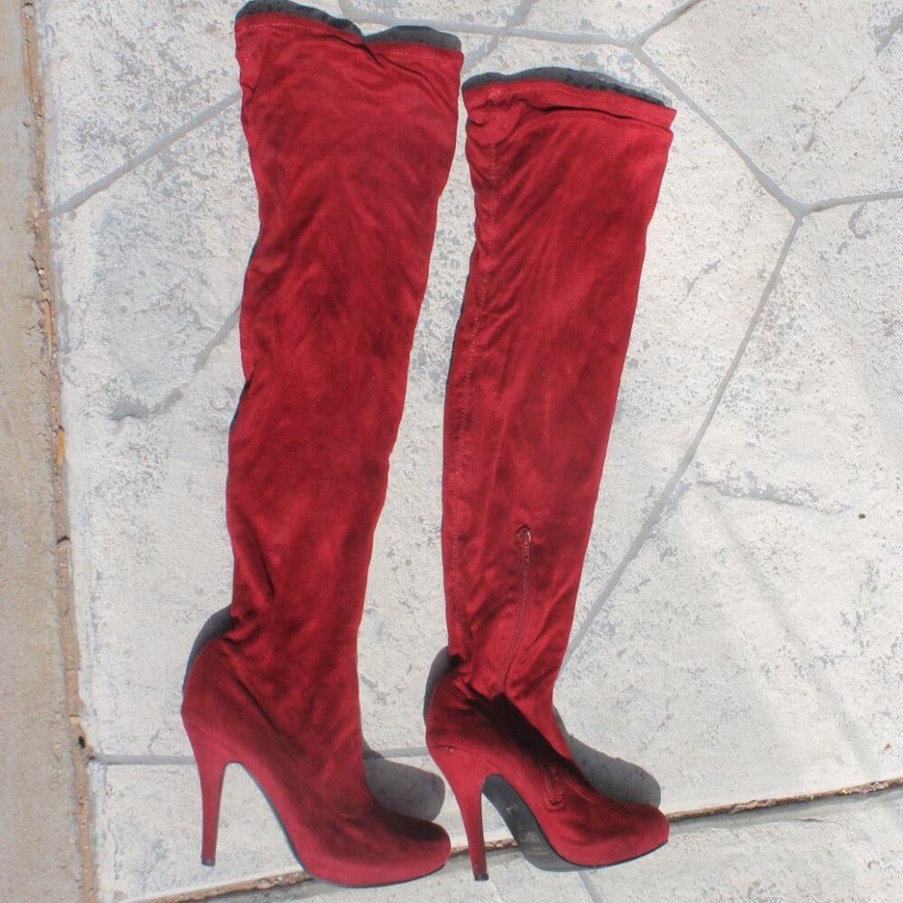 Wild Rose Red Faux Suede Stilettos Boots Size 9 Over The Knee High Heels Stretch
